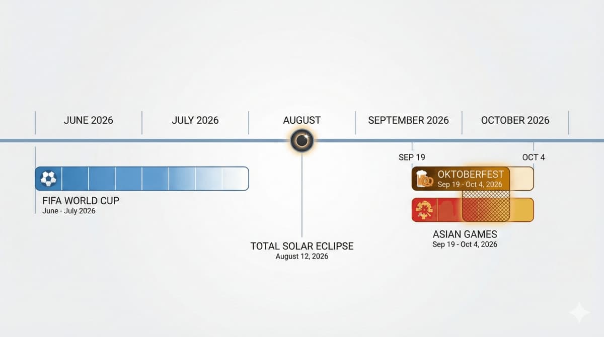 2026 global events travel timeline showing FIFA World Cup, Total Solar Eclipse, Oktoberfest, and Asian Games