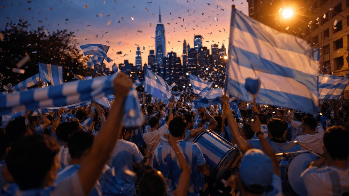 Argentina fans in sky blue and white celebrating in the streets at dusk ahead of the 2026 World Cup final in New York