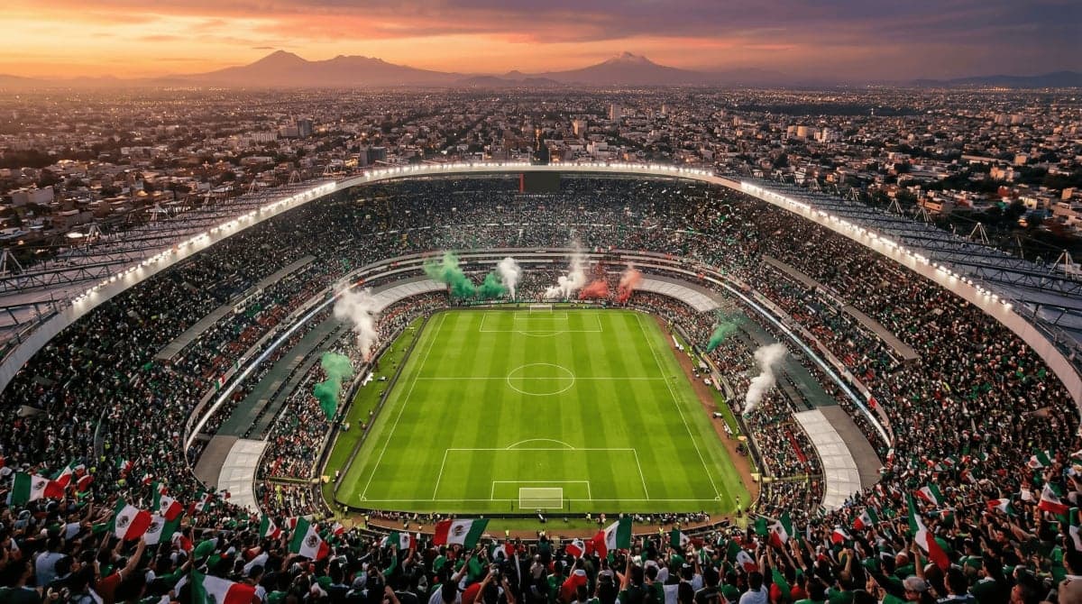 FIFA World Cup 2026 Mexico — Estadio Azteca with Mexico City skyline and volcanoes at sunset