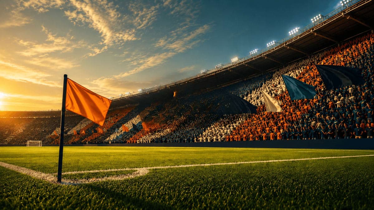 Packed World Cup 2026 stadium at golden hour with green pitch, corner flag, and a tifo-filled virage end stand