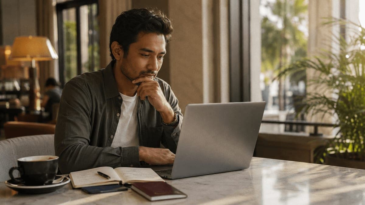 Traveler at a sunlit café table reviewing an AI-built trip plan on a laptop with a notebook and coffee