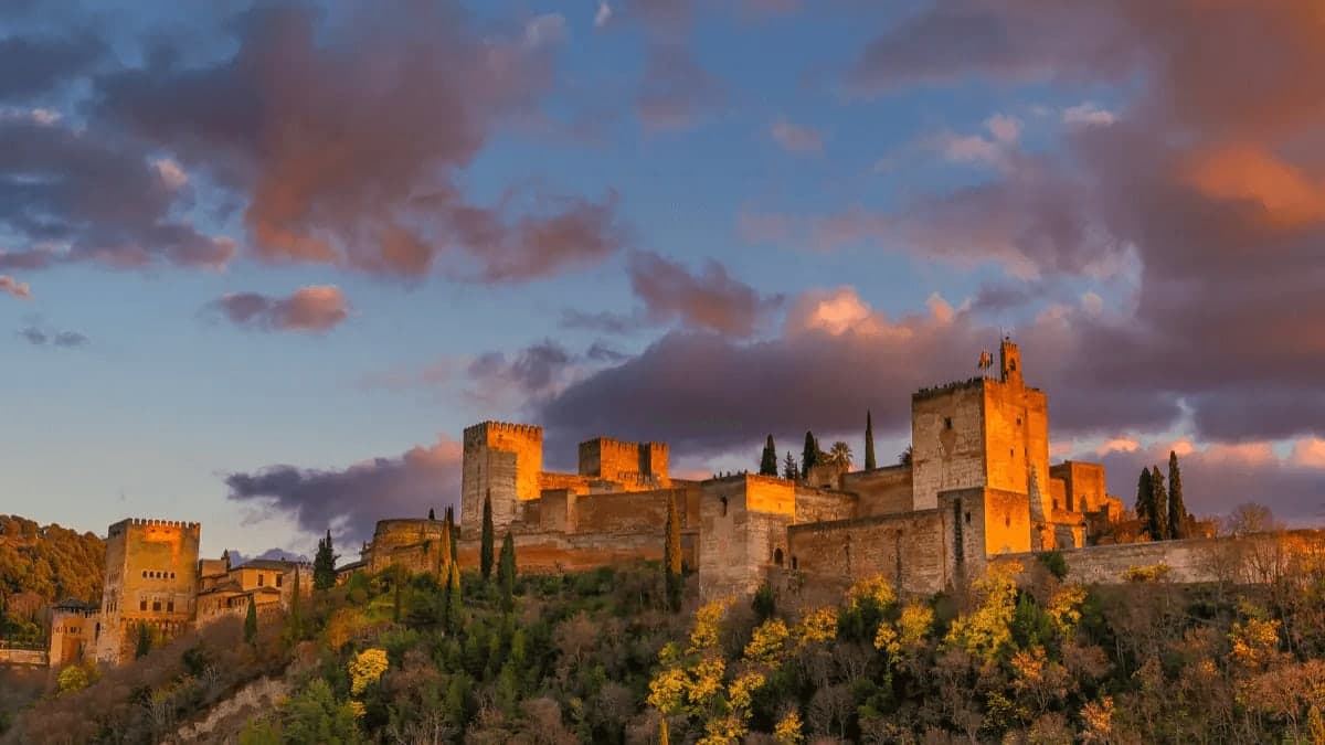 The Alhambra palace in Granada, Spain, at sunset