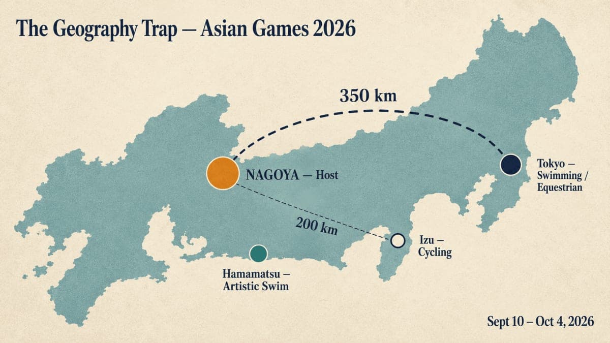 Asian Games 2026 venue map across Aichi, Tokyo, and Shizuoka showing the 350 km Geography Trap