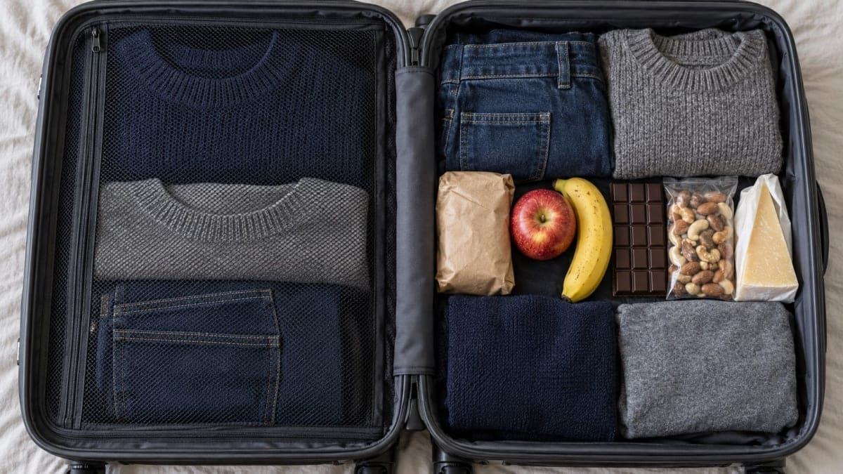 A packed carry-on bag with a sandwich, fruit and snacks visible, no legible branding