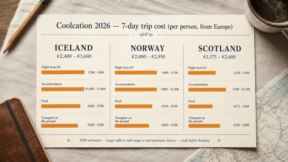 Coolcation cost breakdown 2026 — flights, accommodation, food, and transport for Iceland, Norway, and Scotland