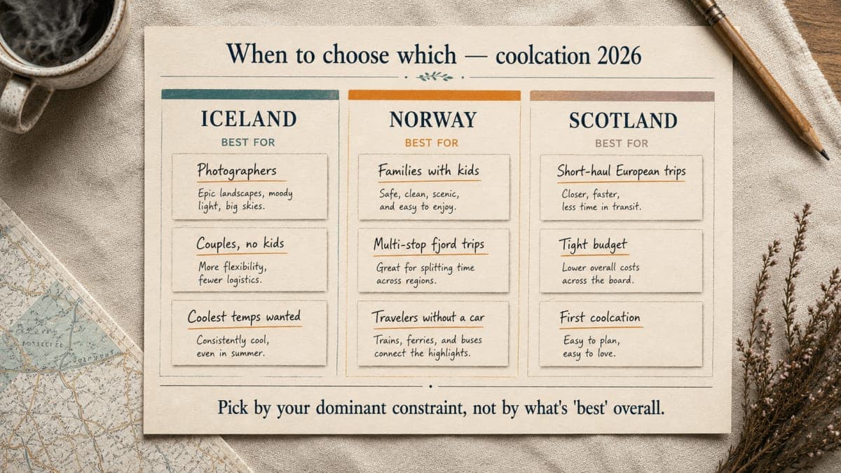 When to choose Iceland, Norway, or Scotland for a 2026 coolcation — decision matrix by traveler type