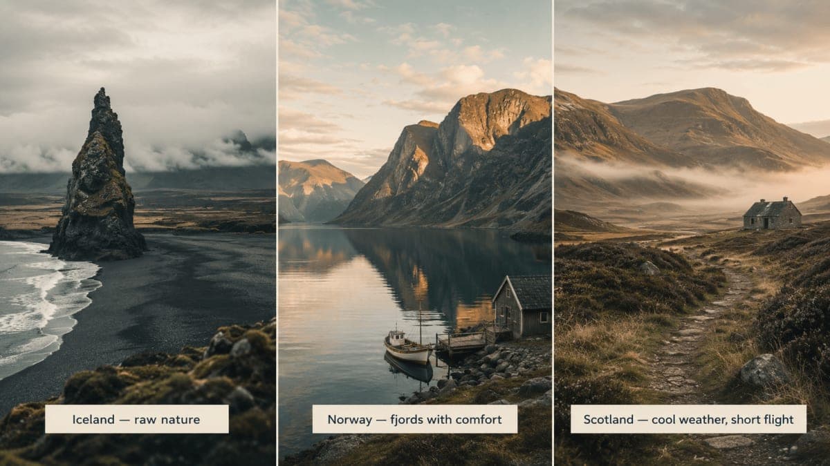 Coolcation 2026 comparison — Iceland volcanic landscape vs Norway fjord vs Scotland Highlands trio