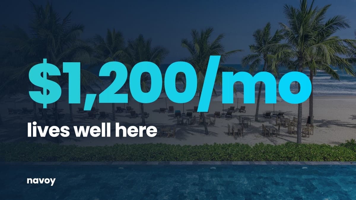 Beach in Da Nang, Vietnam with the stat $1,200/mo — 8 countries where that is a comfortable monthly budget in 2026