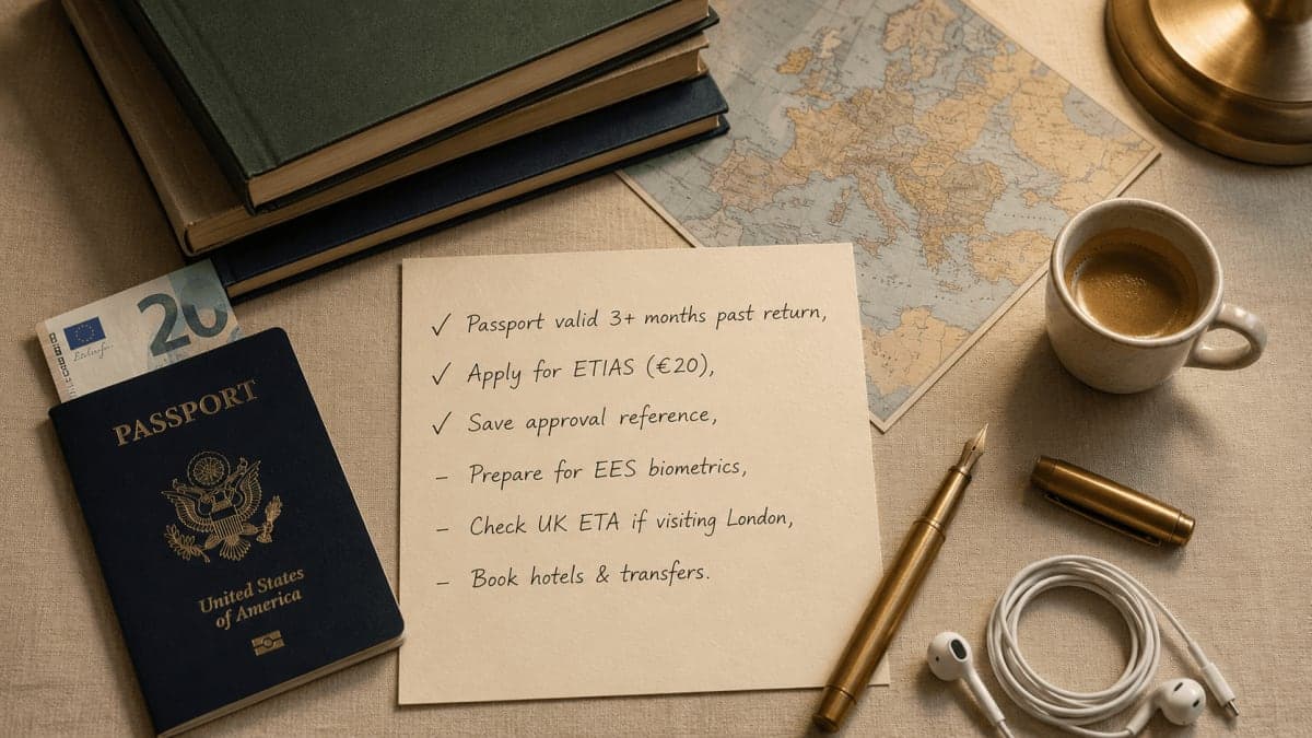 ETIAS pre-trip checklist for US travelers with passport, €20 application fee budget and Europe travel essentials