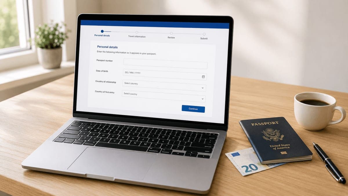 US passport, boarding pass and Europe map for an ETIAS-ready Q4 2026 trip