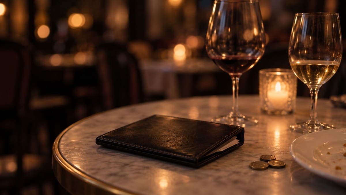 A table outside a European restaurant in the evening with a bill folder and glasses, no legible signage