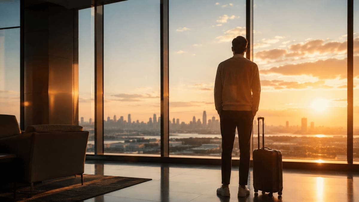 Lone traveler at a panoramic airport window watching the sunrise over a city skyline before a trip