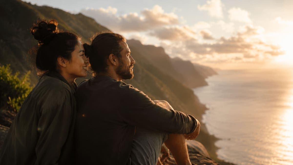 Two travelers watching the sunset from a clifftop viewpoint over the coastline, fully present in the moment