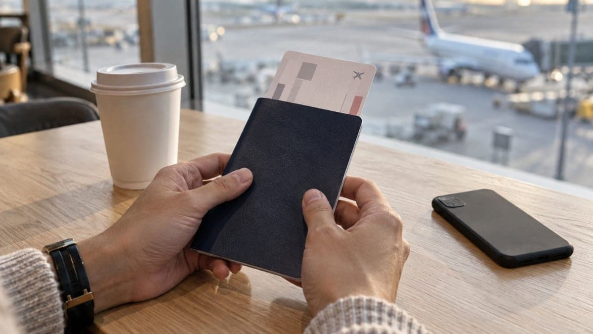 A traveller's hands holding a passport with a boarding pass tucked inside on an airport cafe table