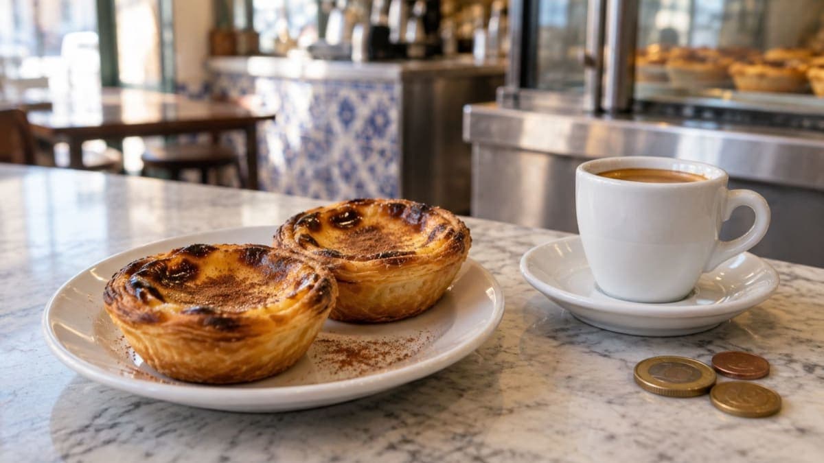 Two custard tarts and an espresso on a marble cafe counter in Lisbon