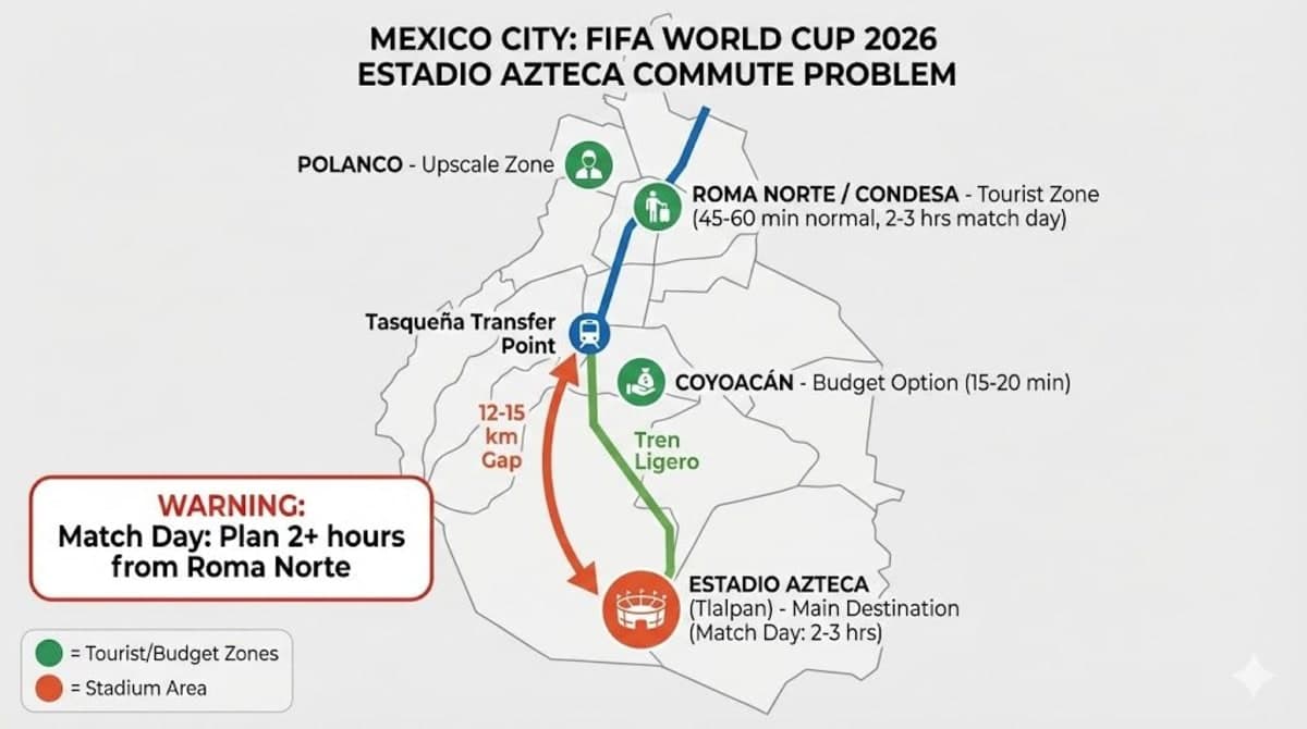 Mexico City transit map showing Tren Ligero route from Roma Norte to Estadio Azteca for FIFA World Cup 2026