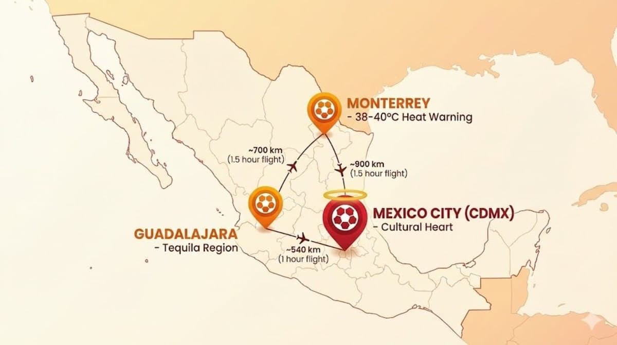 Mexico FIFA World Cup 2026 host cities map showing CDMX, Guadalajara, and Monterrey with distances