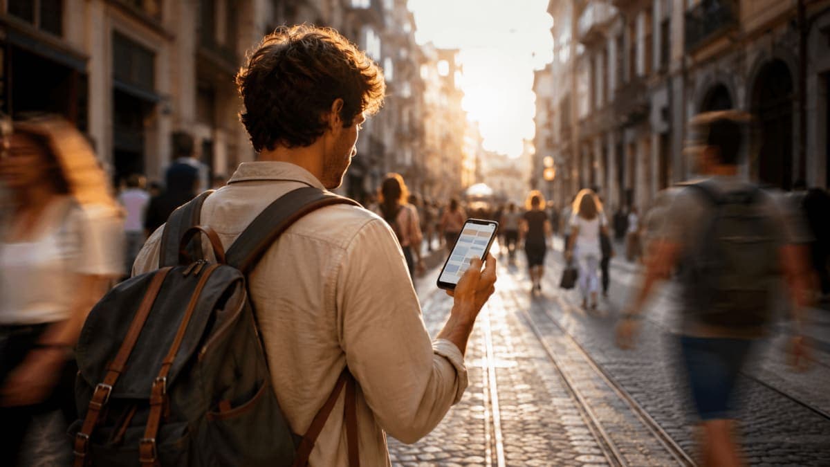 A traveler reviewing an adaptive, personalized itinerary on a phone while on the move