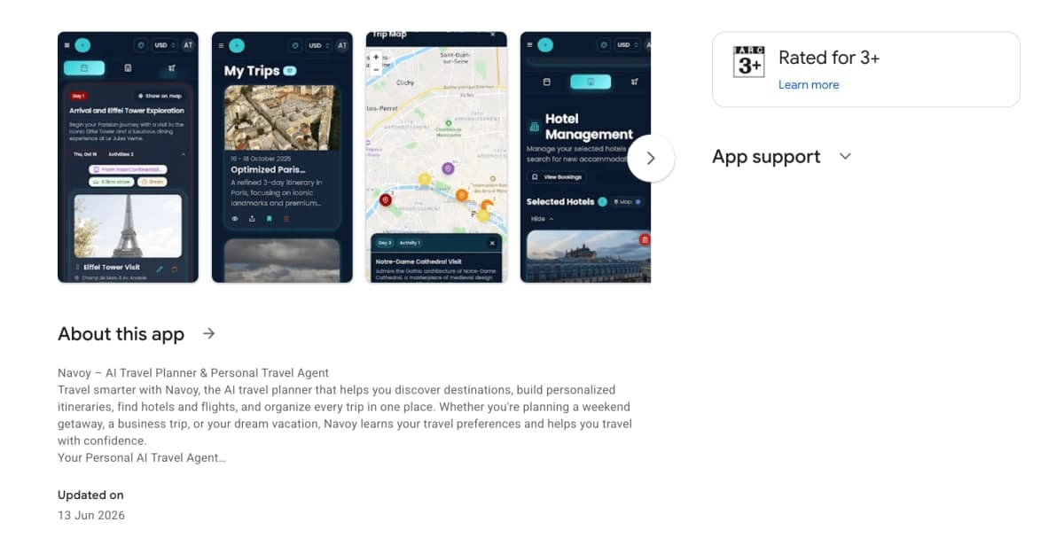 Navoy Android app features: AI trip planning, hotel and transfer booking, and push notifications