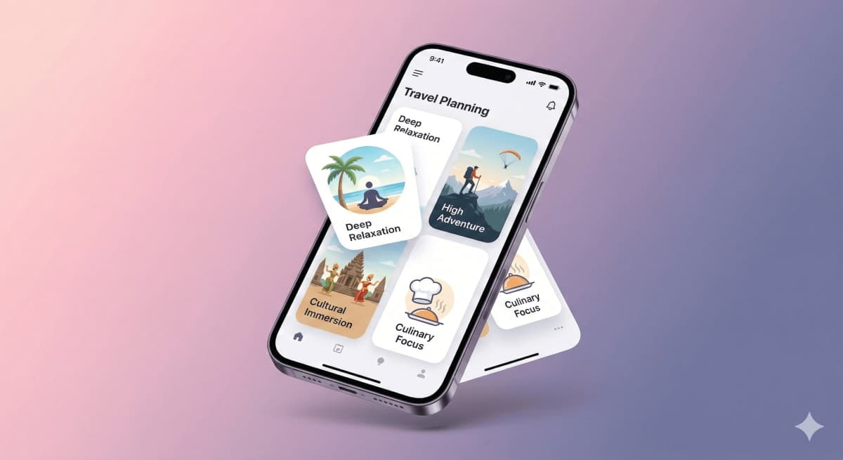 Navoy trip planning app UI showing mood-based trip focus categories including Beach and Relaxation, Adventure and Outdoors, Food and Culinary, and Wellness and Retreat