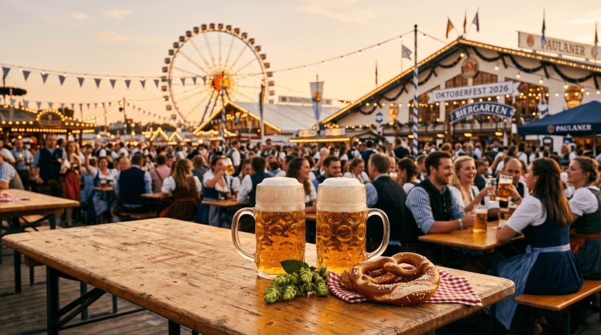 Two frothy beer steins and a pretzel on a wooden table at Oktoberfest 2026 in Munich, with Bavarian beer tents glowing at sunset.