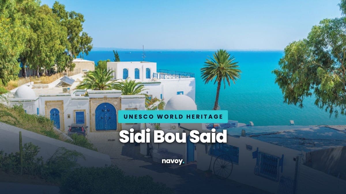 Sidi Bou Said village above the Gulf of Tunis, white houses with blue doors and domes, now a UNESCO World Heritage site
