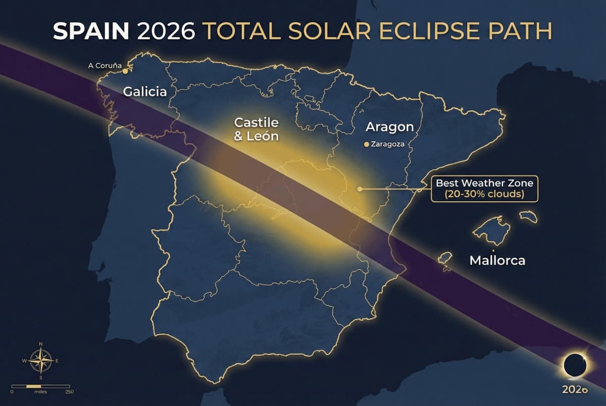Map of Spain showing the 2026 solar eclipse path of totality crossing from Galicia through Castile and León to Aragon and Mallorca, with Best Weather Zone highlighted