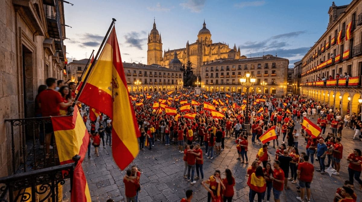 Spain fans celebrating the 2026 World Cup win in a city plaza