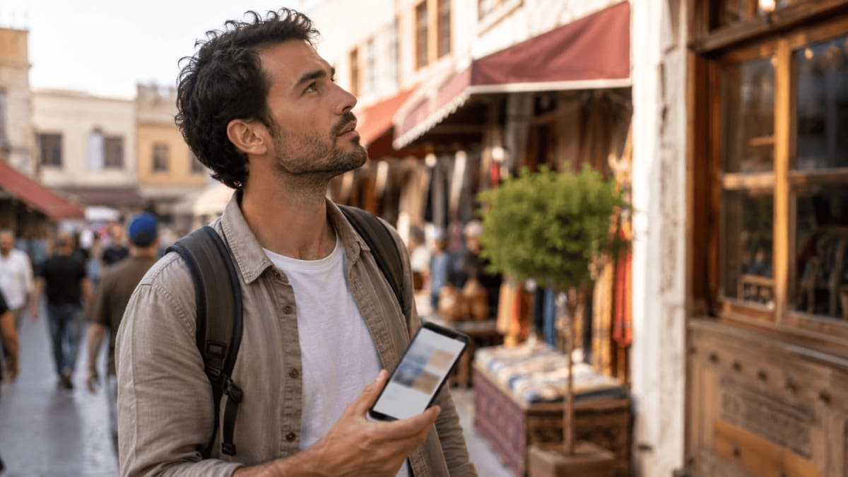 Traveler on a real city street glancing at a phone to double-check a plan against the place around them