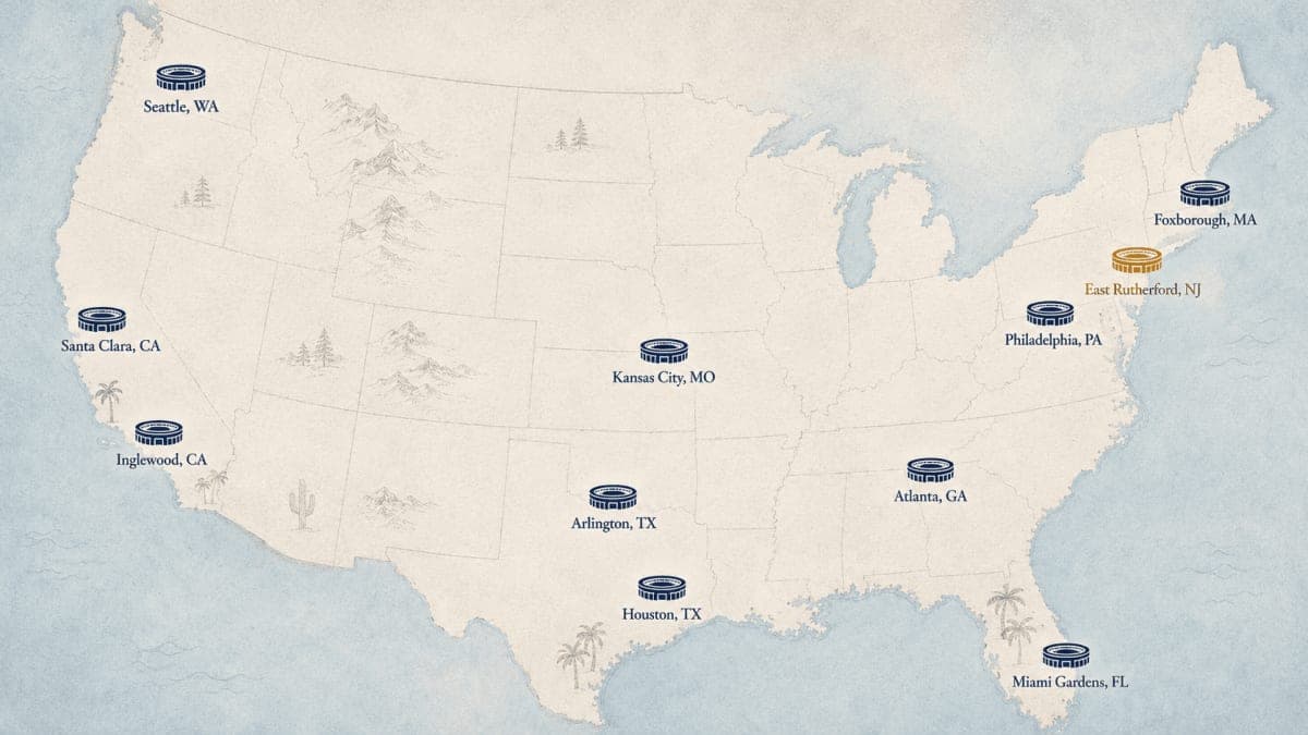 All 11 US World Cup 2026 host stadiums shown on a stylized map of the contiguous United States