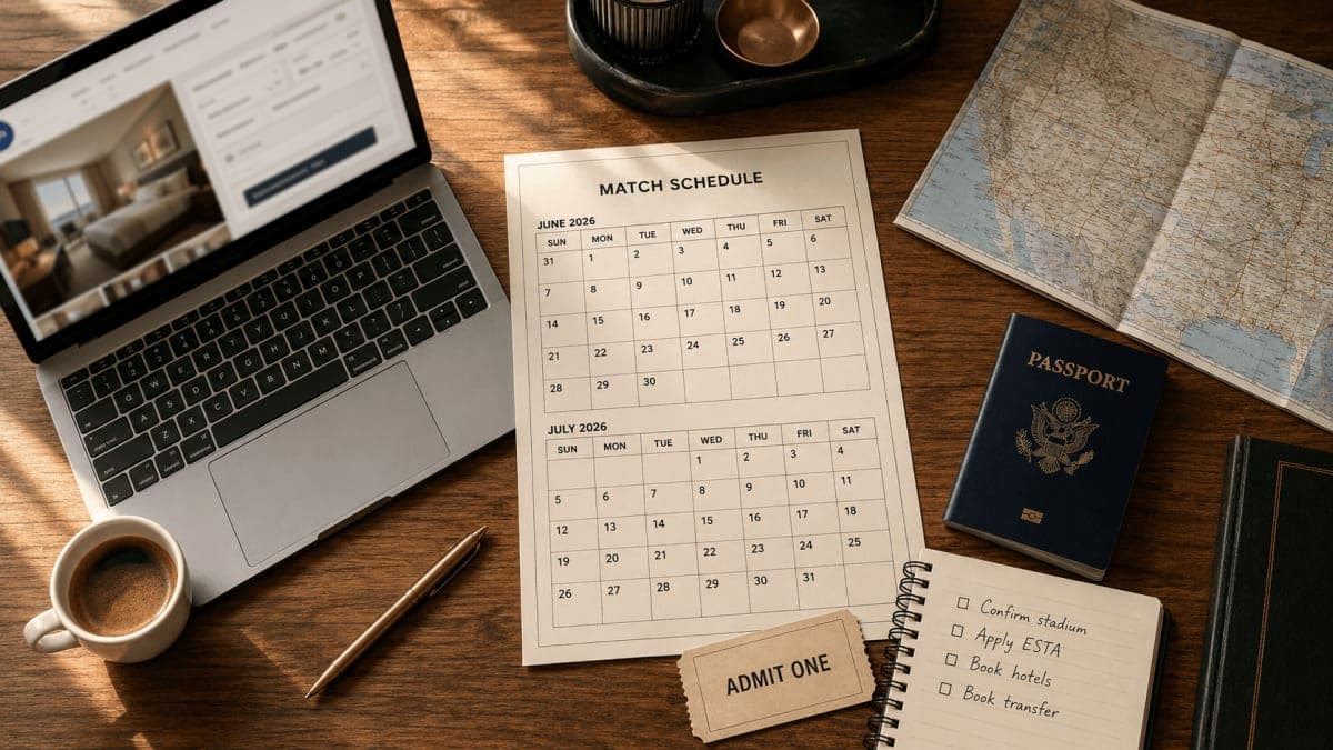 Fan trip planning desk with US World Cup 2026 match schedule, paper ticket, US passport and hotel booking laptop