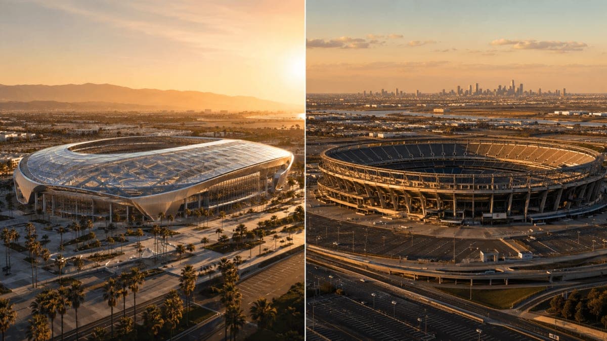 SoFi Stadium and MetLife Stadium photo collage representing the West Coast and East Coast US World Cup 2026 venues