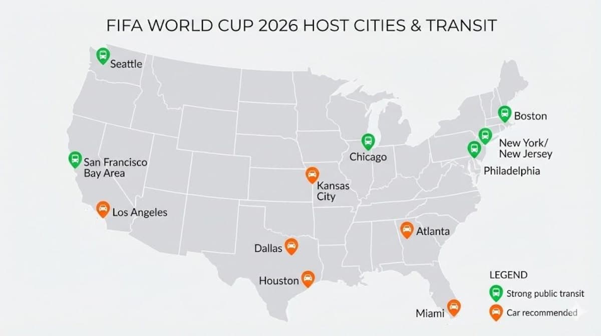 USA FIFA World Cup 2026 host cities map with public transit ratings for all 11 cities