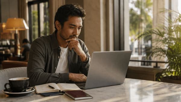 Traveler at a sunlit café table reviewing an AI-built trip plan on a laptop with a notebook and coffee