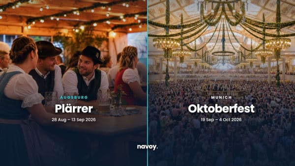 Split image comparing the Augsburger Plarrer, a relaxed local beer tent, with Munichs crowded Oktoberfest hall, with both 2026 date ranges