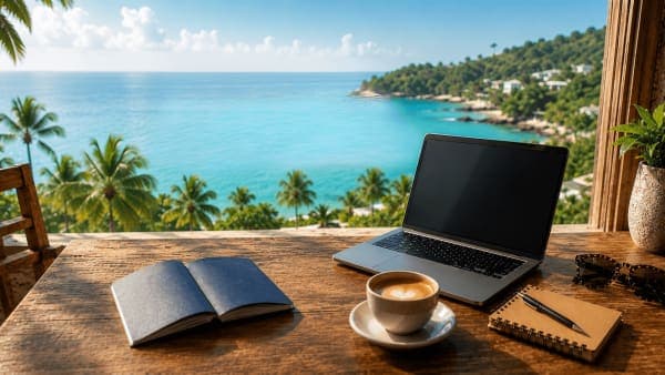 Open passport and laptop on a café table at a coastal nomad destination, 2026