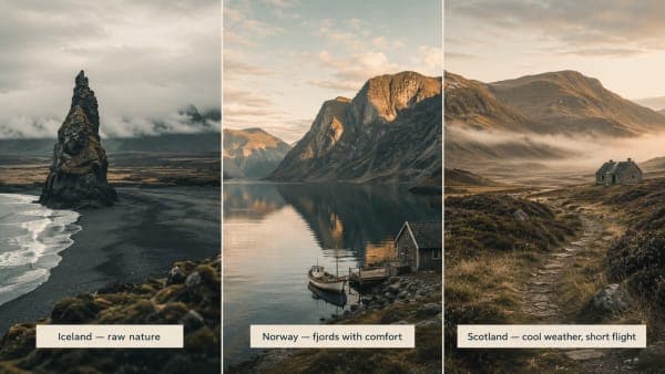 Coolcation 2026 comparison — Iceland volcanic landscape vs Norway fjord vs Scotland Highlands trio