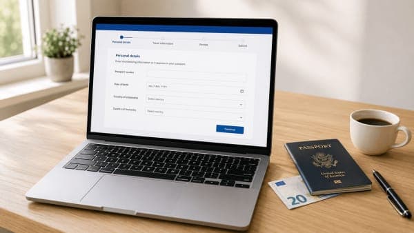 US passport, boarding pass and Europe map for an ETIAS-ready Q4 2026 trip