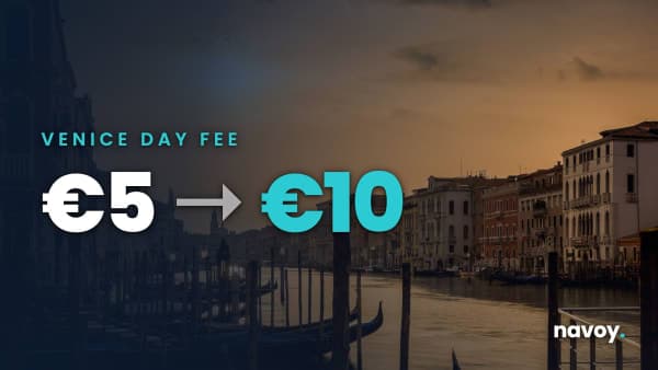 Grand Canal in Venice at dusk with gondolas, overlaid with the 2026 day fee rising from 5 to 10 euros