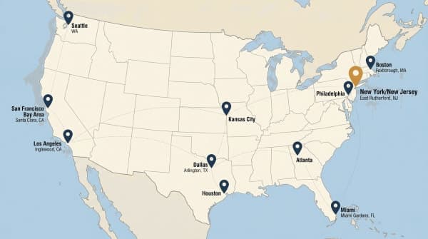 Map of the 11 US World Cup 2026 host stadiums from Seattle and Los Angeles to MetLife Stadium in New Jersey